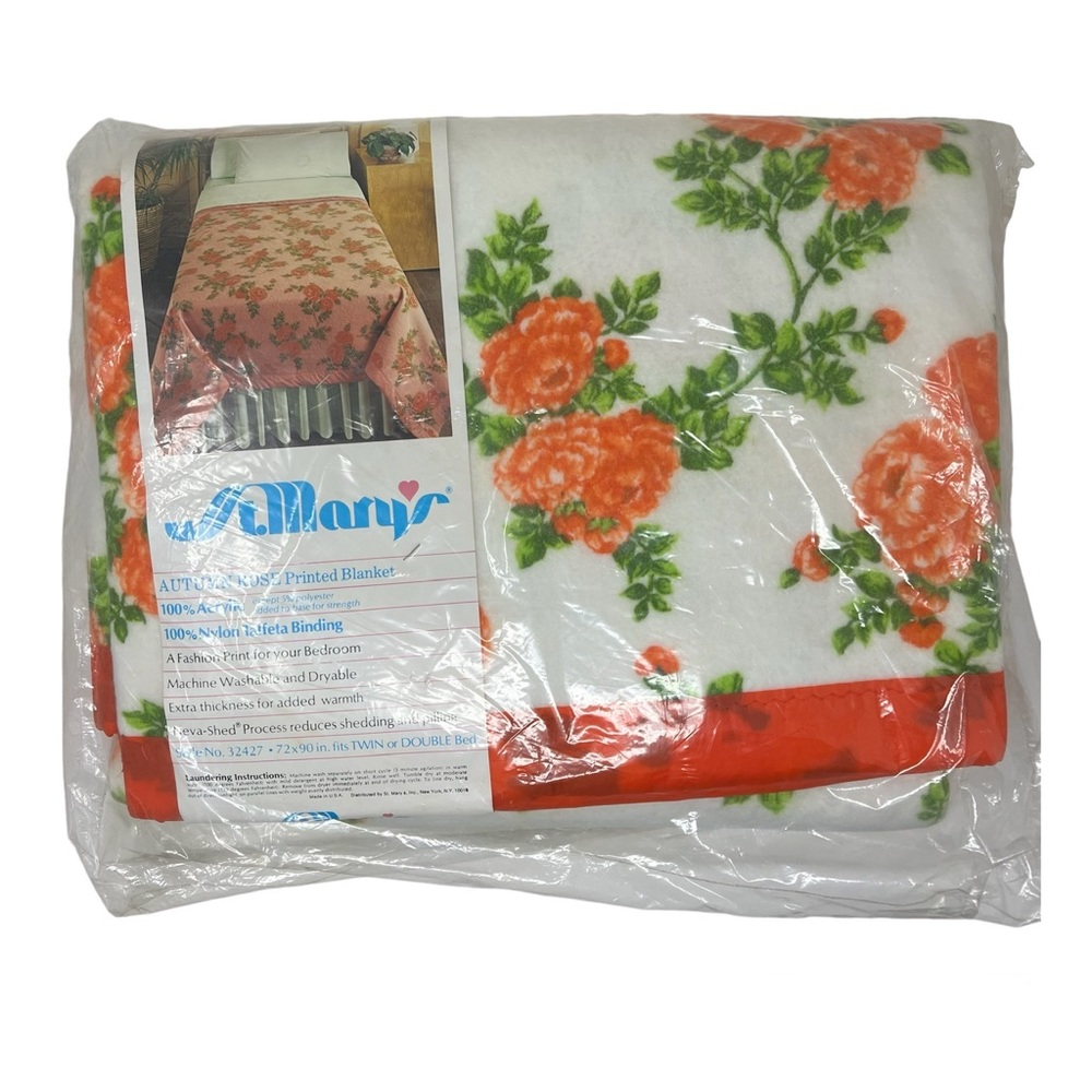 St. Mary’s Vintage Autumn Rose Printed Blanket Twin Full 72x90 USA Satin Edge
